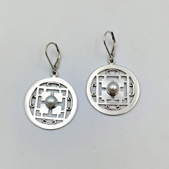 Sajen Sterling Silver 925 Freshwater Pearl Oriental Pattern Dangle Earrings - Picture 1 of 12